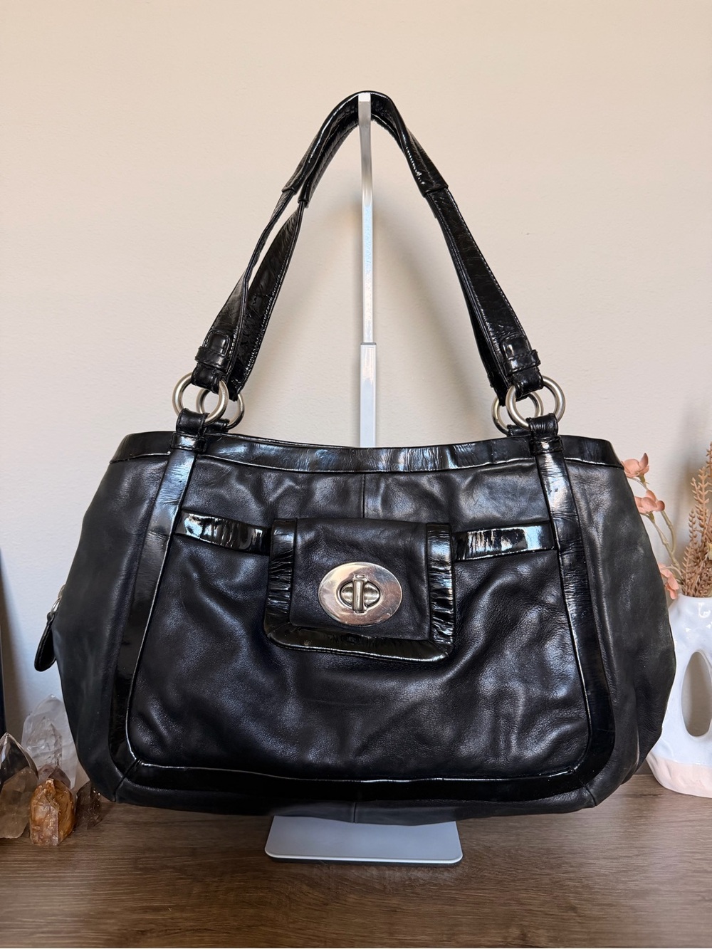 Coach Black Leather Twist Lock Shoulder Bag